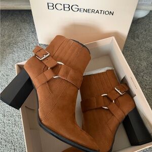 BCBGeneration Cognac Suede Buckle Ankle Boots